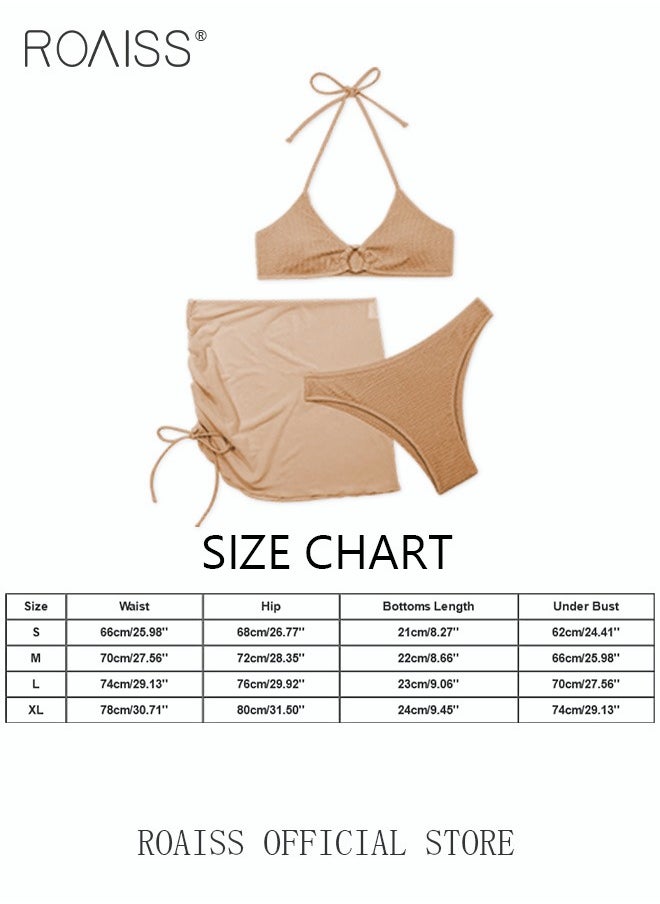 roaiss - 3 Pack Bikini Sets Halter Beachwear Ladies Tankini Swimsuit Hollow Out Beach Skirt Push Up Textured Ring Linked for Swimwear - Image 1