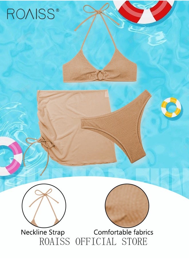 roaiss - 3 Pack Bikini Sets Halter Beachwear Ladies Tankini Swimsuit Hollow Out Beach Skirt Push Up Textured Ring Linked for Swimwear - Image 1