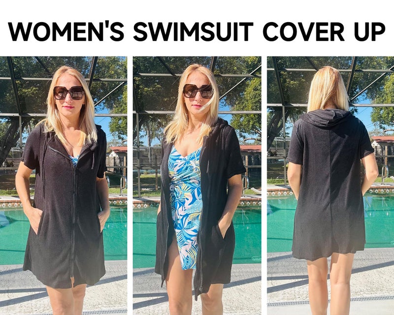 Bsubseach Terry Cloth Cover Up - Women 2025 Zipper Swimsuit Coverup Hooded Swim Robes Beach Coverups with Pockets Black M - Image 3