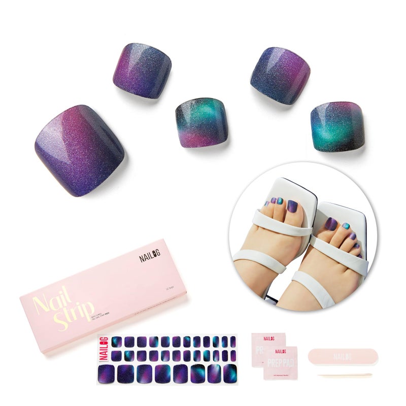 NAILOG Semi Cured Gel Nail Strips Toe Nail Polish Strips with Glossy Gel Finishing  Buy 3 Get 1 UV Lamp 32 Pieces Long Lasting Pedi Stickers  Aurora