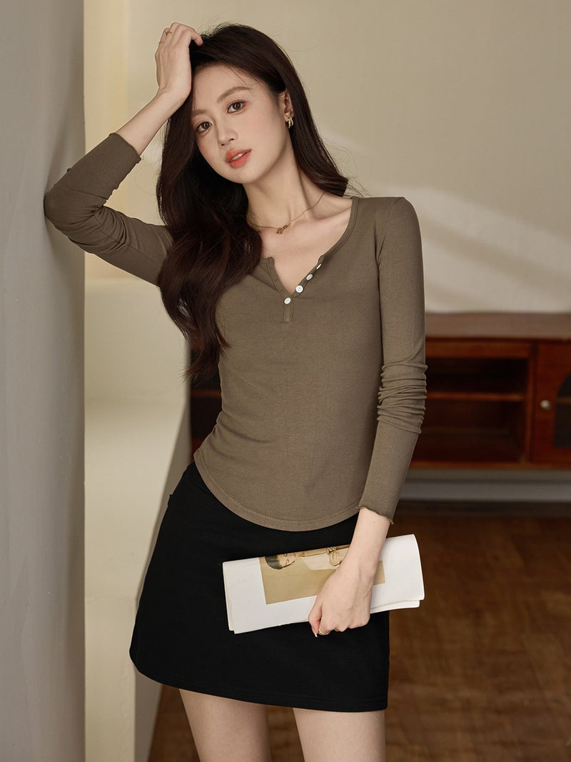 # High-Quality Products # Modal Cotton Button Half Open Collar T-Shirt Women'S Long-Sleeved 2025 Autum New Inner Layering Shirt - Image 5