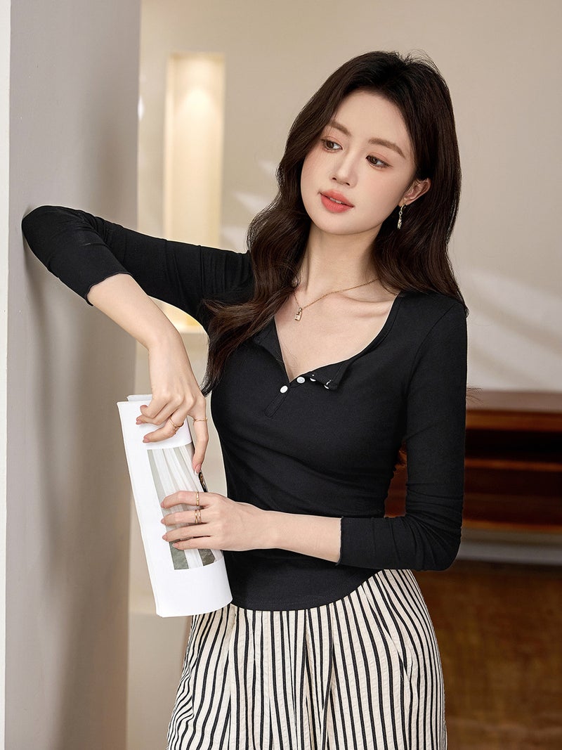 # High-Quality Products # Modal Cotton Button Half Open Collar T-Shirt Women'S Long-Sleeved 2025 Autum New Inner Layering Shirt - Image 4