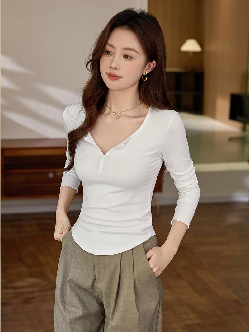 # High-Quality Products # Modal Cotton Button Half Open Collar T-Shirt Women'S Long-Sleeved 2025 Autum New Inner Layering Shirt - Image 2
