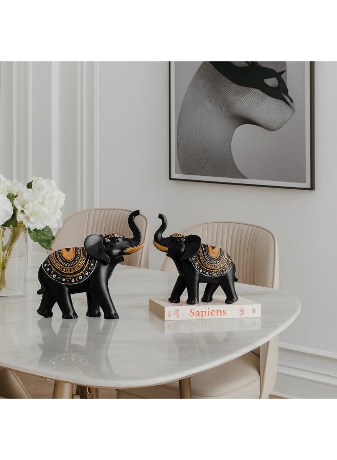 بيرام طقم تماثيل الفيل الأسود الملكي من بيرام مكون من 2 تمثال كبير وصغير من الراتينج مع لمسات ذهبية ديكور الفيل بخرطوم مرفوع للمنزل والمكتب وغرفة المعيشة وغرفة النوم والأرفف والطاولات وهدية وفخامة الديكور