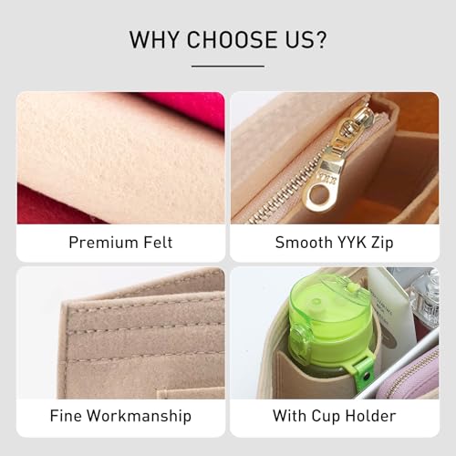 OAikor Felt Purse Organizer Insert Compatible with Longchamp Le Pliage S Hangbag, Zipper Long Champ Small Handbag Organizer with Cup Holder, 7 Compartments Bag Insert(Beige,S) - Image 5