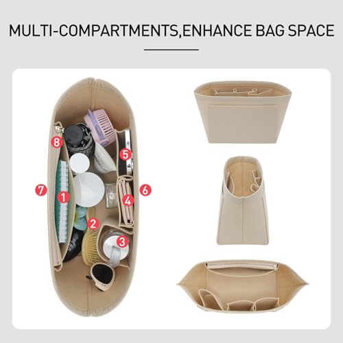 OAikor Felt Purse Organizer Insert Compatible with Longchamp Le Pliage S Hangbag, Zipper Long Champ Small Handbag Organizer with Cup Holder, 7 Compartments Bag Insert(Beige,S) - Image 3