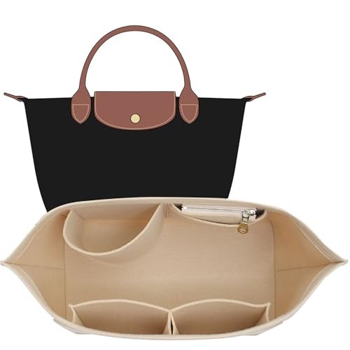OAikor Felt Purse Organizer Insert Compatible with Longchamp Le Pliage S Hangbag, Zipper Long Champ Small Handbag Organizer with Cup Holder, 7 Compartments Bag Insert(Beige,S) - Image 1
