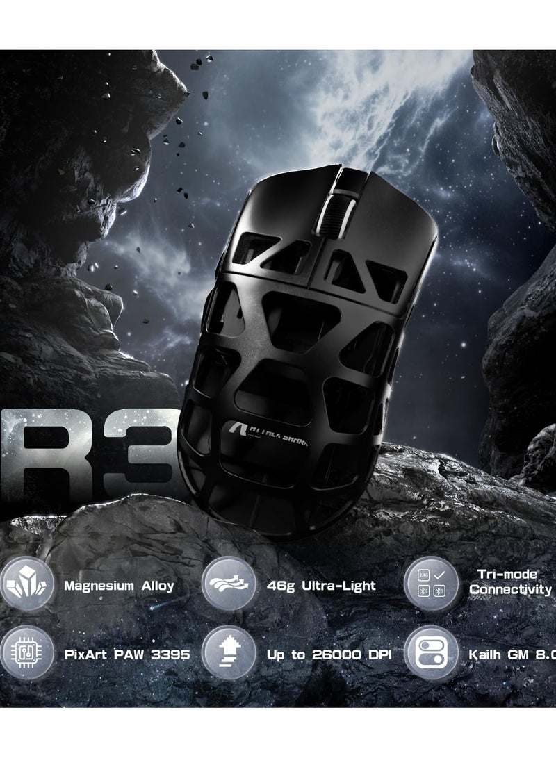 Attack Shark R3 Wireless Gaming Mouse,PAW3395 26K DPI 8KHz Polling Rate,Magnesium Alloy 46g Ultralight,Programmable Tri-Mode BT/2.4G/Wired Computer Mice with Coiled Cable - Black - Image 2