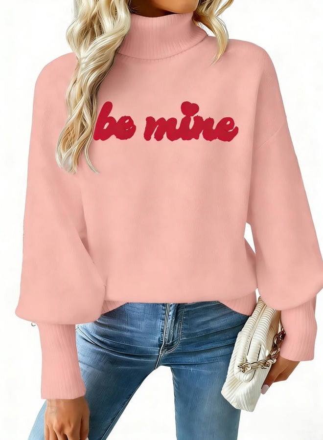 MYHALF Valentines Sweater Women Love Hearts Turtleneck Sweaters Knit Dating Outfits for Her Valentines Day Jumper Tops, Mine Pink, L - Image 1