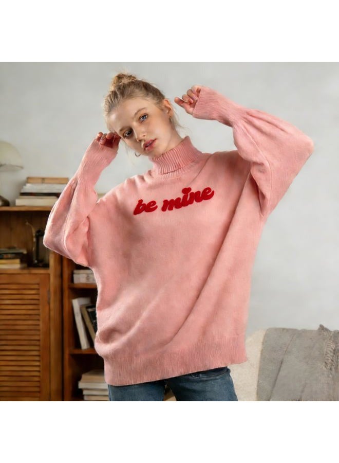 MYHALF Valentines Sweater Women Love Hearts Turtleneck Sweaters Knit Dating Outfits for Her Valentines Day Jumper Tops, Mine Pink, L - Image 3