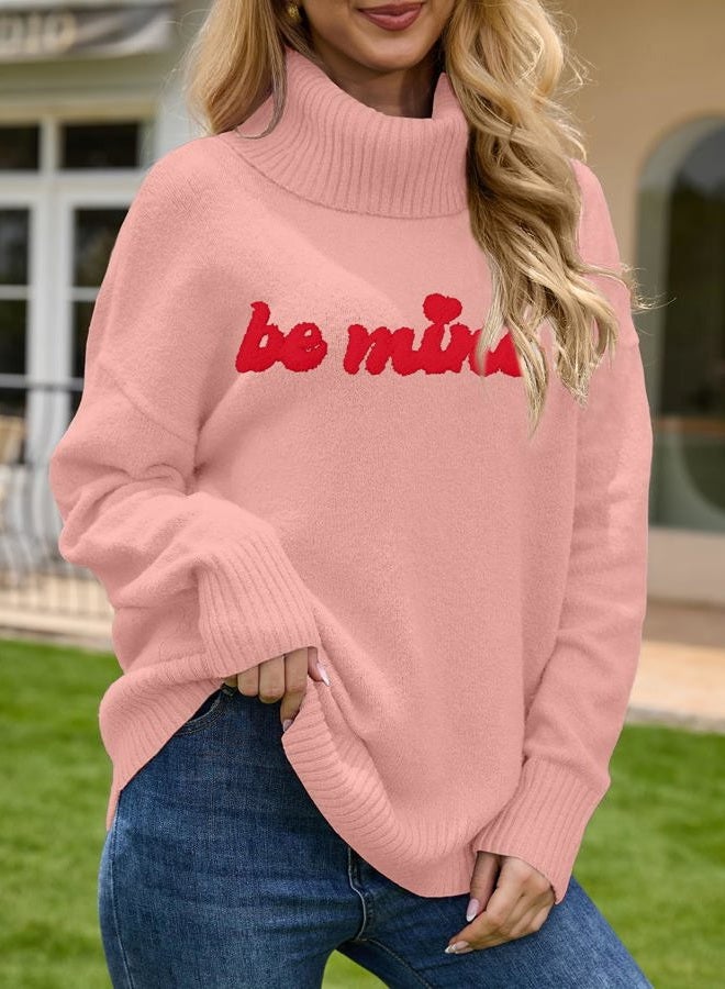MYHALF Valentines Sweater Women Love Hearts Turtleneck Sweaters Knit Dating Outfits for Her Valentines Day Jumper Tops, Mine Pink, L - Image 4