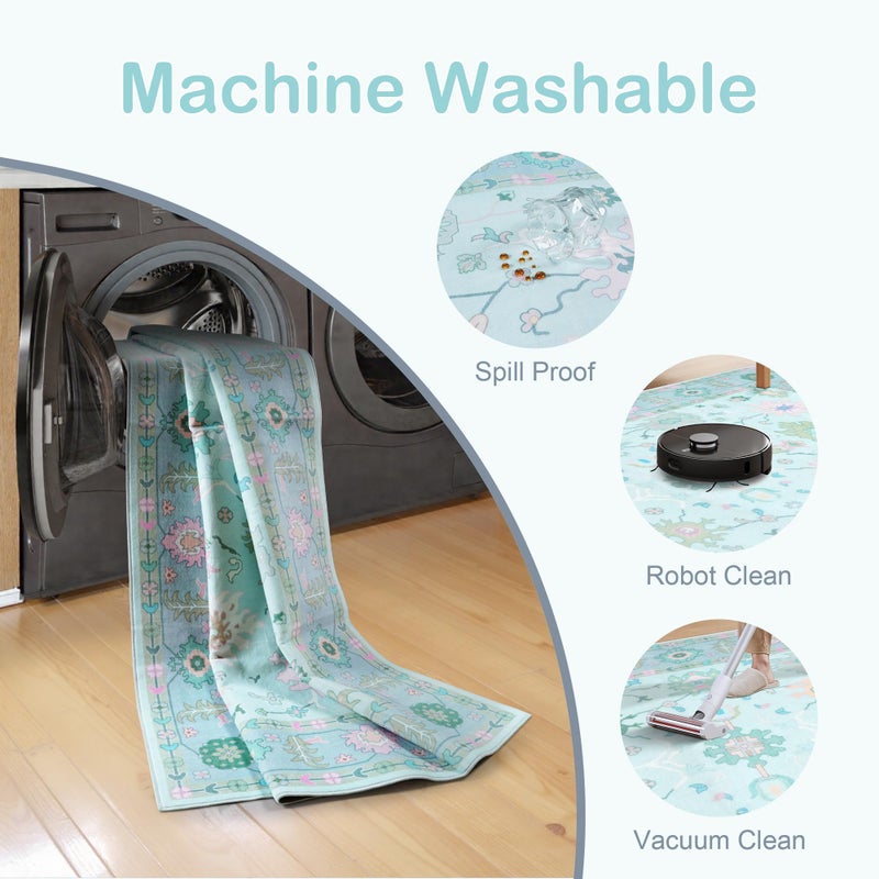 LIVEBOX Washable Oushak Rug Non Slip 8 x 10 Rugs for Living Room, Soft Turkish Rug for Bedroom, Boho Floral Mat Large Indoor Carprt for Kids Nursery, Dining Room, Home Office, Blue - Image 5