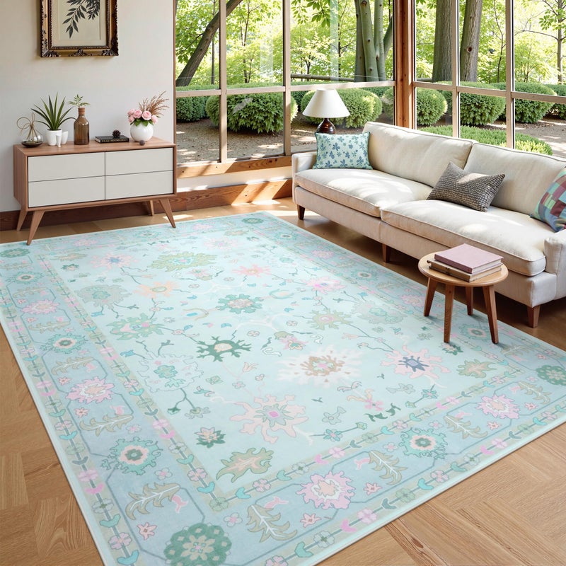 LIVEBOX Washable Oushak Rug Non Slip 8 x 10 Rugs for Living Room, Soft Turkish Rug for Bedroom, Boho Floral Mat Large Indoor Carprt for Kids Nursery, Dining Room, Home Office, Blue - Image 2