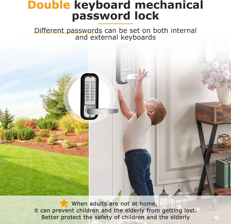 Soobool New Upgrade Double Sided Keypad Door Lock with Adjustable Deadlatch 2-3/8'' and 2-3/4'',Double Sided Keyless Door Lock with Handle, Double Sided Gate Lock for Outdoor Fences (Silvery) - Image 4