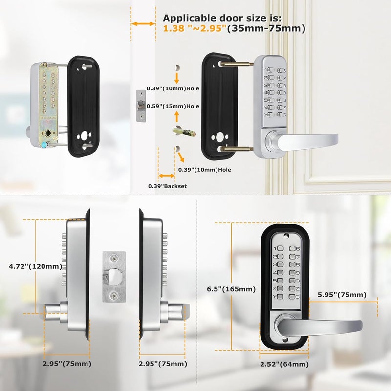Soobool New Upgrade Double Sided Keypad Door Lock with Adjustable Deadlatch 2-3/8'' and 2-3/4'',Double Sided Keyless Door Lock with Handle, Double Sided Gate Lock for Outdoor Fences (Silvery) - Image 3