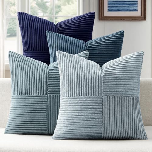 ANRODUO Pack of 4 Decorative Throw Pillows for Couch Neutral Blue 18x18 Inch Boho Cozy Soft Corduroy Cushion Covers Farmhouse Accent Pillowcases for Mid Century Coastal Summer Home Decor Living Room - Image 1