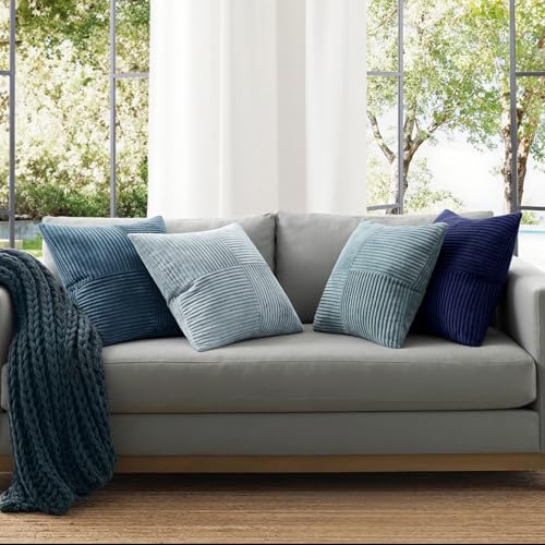 ANRODUO Pack of 4 Decorative Throw Pillows for Couch Neutral Blue 18x18 Inch Boho Cozy Soft Corduroy Cushion Covers Farmhouse Accent Pillowcases for Mid Century Coastal Summer Home Decor Living Room - Image 3