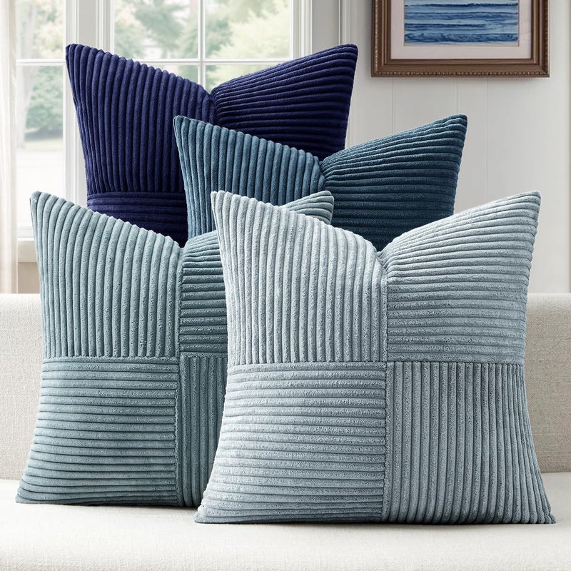 ANRODUO Pack of 4 Decorative Throw Pillows for Couch Neutral Blue 18x18 Inch Boho Cozy Soft Corduroy Cushion Covers Farmhouse Accent Pillowcases for Mid Century Coastal Summer Home Decor Living Room - Image 2