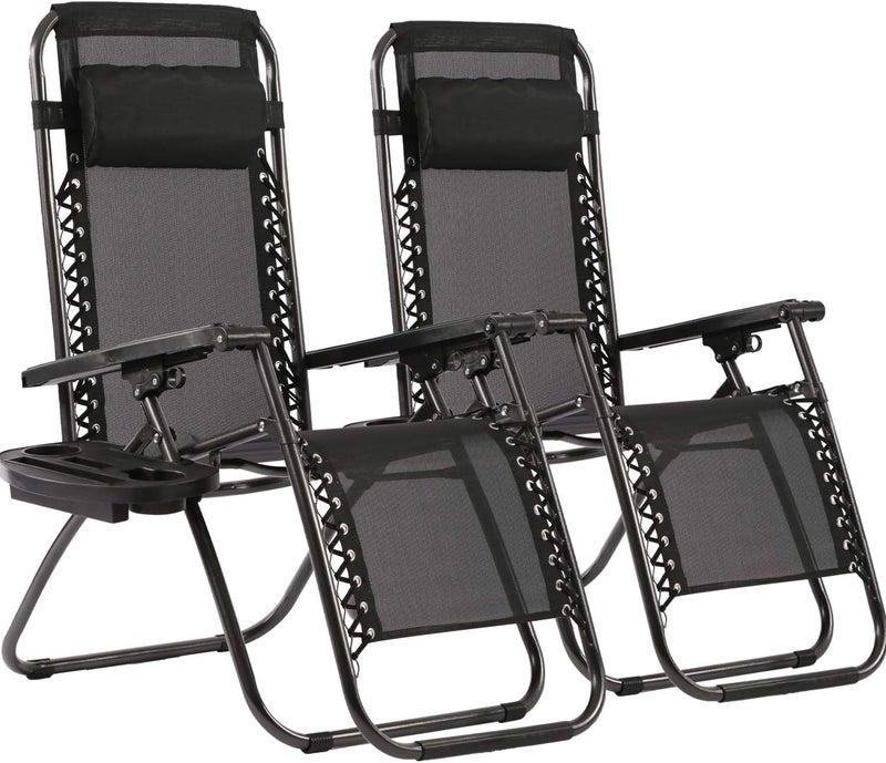 FDW Zero Gravity Lawn Lounge Chairs Set of 2 with Pillow and Cup Holder - Adjustable Reclining Folding Outdoor Chairs for Deck, Beach, Yard - Image 1