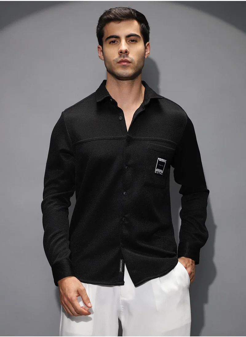 كامبوس سوترا Men's Onyx Black Ribbed-Knit Utility Shirt For Casual Wear | Spread Collar | Long Regular Sleeves | Button Closure | Shirt Shirt Crafted With Comfort Fit For Everyday Wear