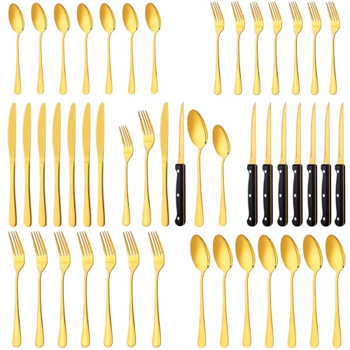LayHyand 48-Pack Gold Silverware Set with Steak Knives, Stainless Steel Tableware Cutlery Spoons Forks Kit, For Buffet Kitchen Restaurant Hotel, Kitchen Flatware Utensils Set, Mirror Polished - Image 1