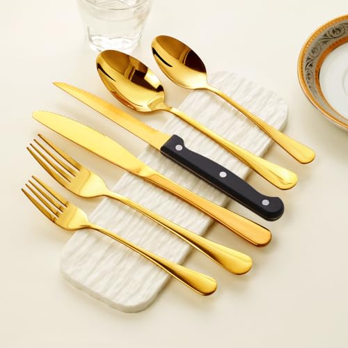LayHyand 48-Pack Gold Silverware Set with Steak Knives, Stainless Steel Tableware Cutlery Spoons Forks Kit, For Buffet Kitchen Restaurant Hotel, Kitchen Flatware Utensils Set, Mirror Polished - Image 2