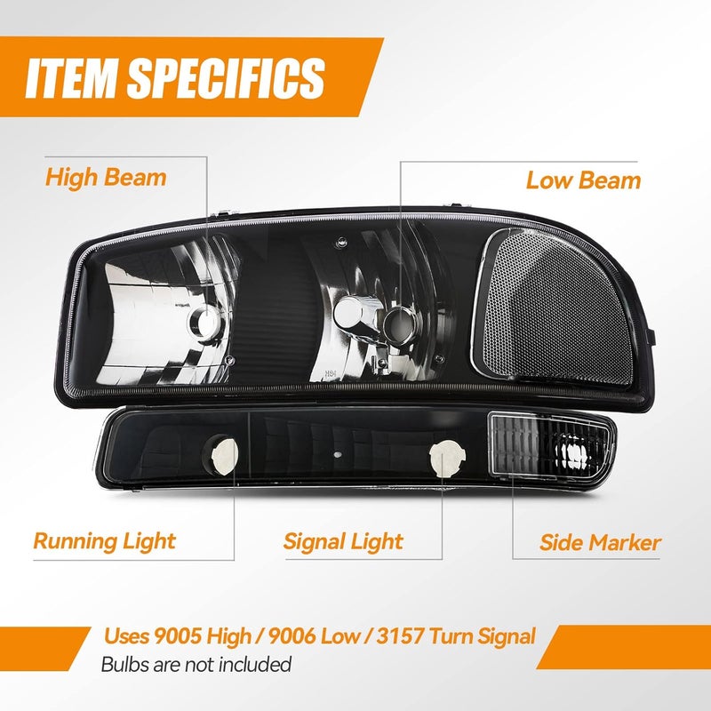 Cxdar Headlight Assembly for 99-07 GMC Sierra and 99-06 Yukon, Black Housing, 4PCS - Image 2