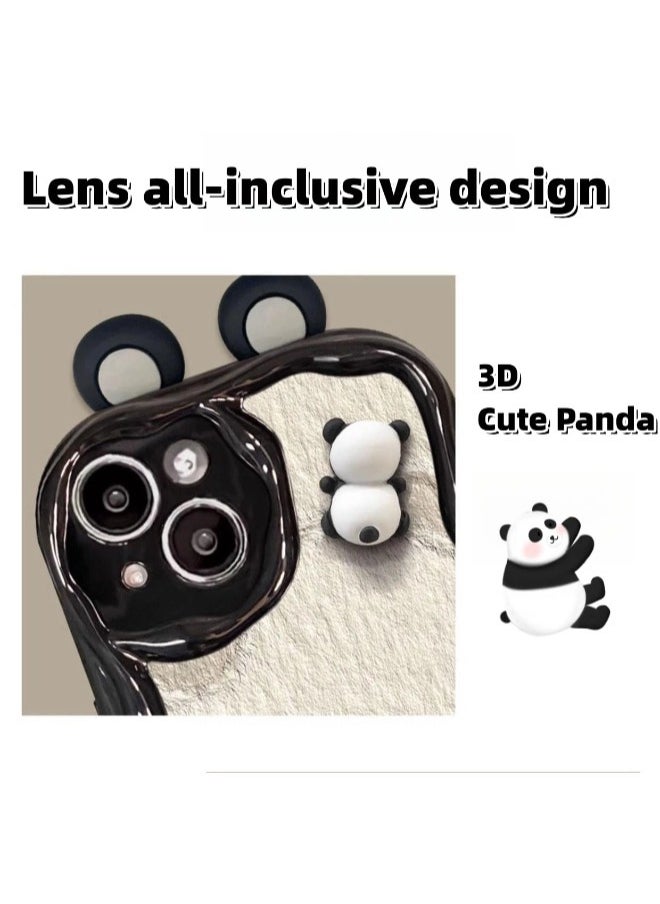ShebSheb Cute Panda iPhone 15 Plus Case Cartoon Animal 3D Ears Panda Wavy Edge Protector,Soft Silicone Back Phone Cover  - Image 4