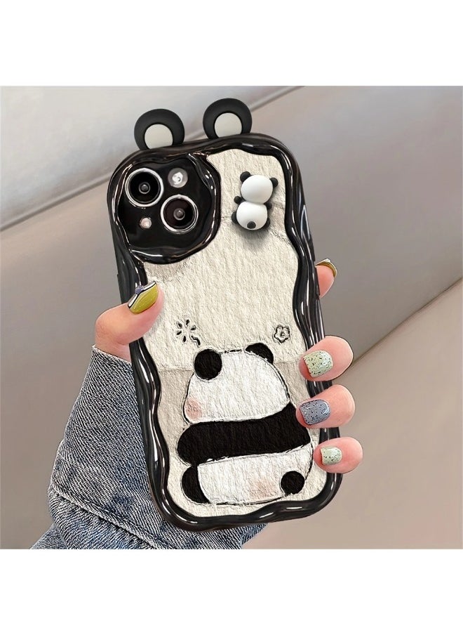 ShebSheb Cute Panda iPhone 15 Plus Case Cartoon Animal 3D Ears Panda Wavy Edge Protector,Soft Silicone Back Phone Cover  - Image 1
