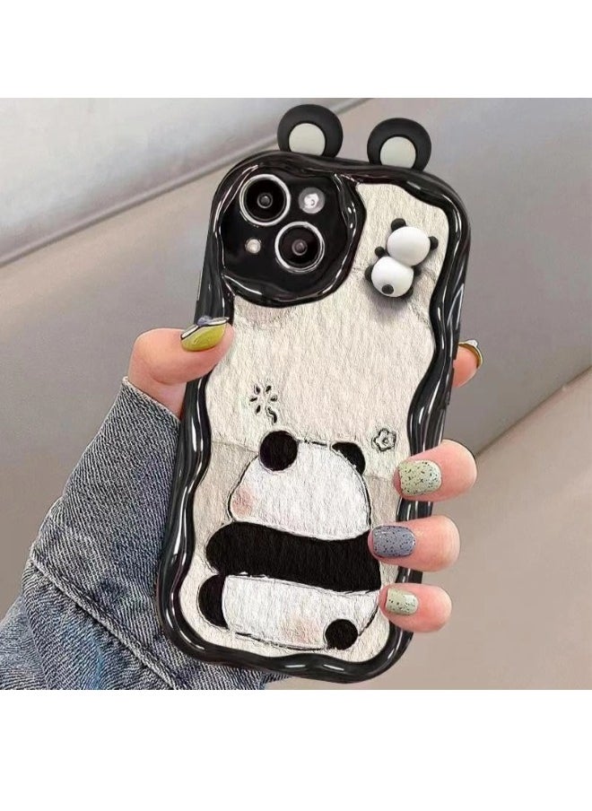 ShebSheb Cute Panda iPhone 15 Plus Case Cartoon Animal 3D Ears Panda Wavy Edge Protector,Soft Silicone Back Phone Cover  - Image 2