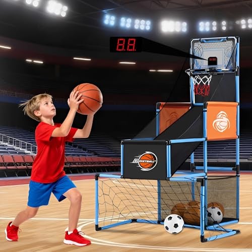 VROGTIK 2 in 1 Basketball Arcade Game Soccer Goal for Kids Adjustable Kid Basketball Hoop with 6 Balls and Pump Indoor Outdoor Games for Kid Toys for 312 Year Old Kids Birthday Gifts for Boys Girls - Image 1