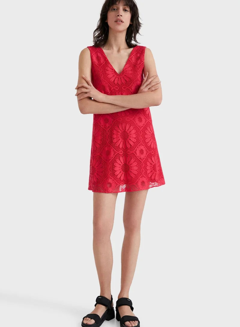 DESIGUAL V-Neck Broidered Dress