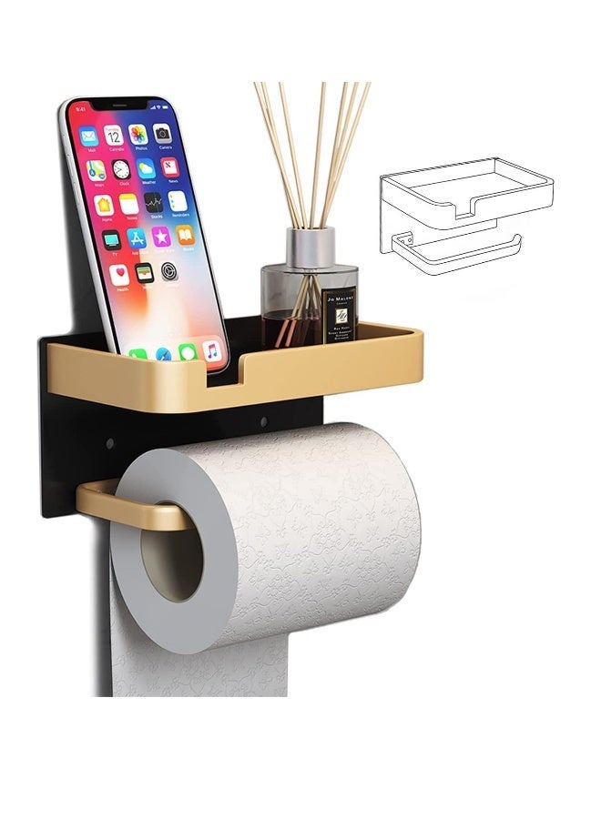 Toilet Paper Holder, with Shelf Adhesive Wall Mounted, No Drill Aluminium Alloy Stainless and Rustproof, Dispenser Bathroom Organizer Storage Rack Matte, Black Gold