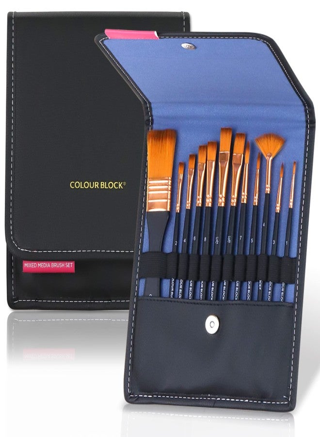 COLOUR BLOCK 12PC Acrylic Paint Brushes Set with Leather Case, Mixed Media Brush Set, Watercolor, Fabric Paint, Rock Painting Art Supplies in Easy Storage, Professional Painting Kit for Kids, Adults - Image 1