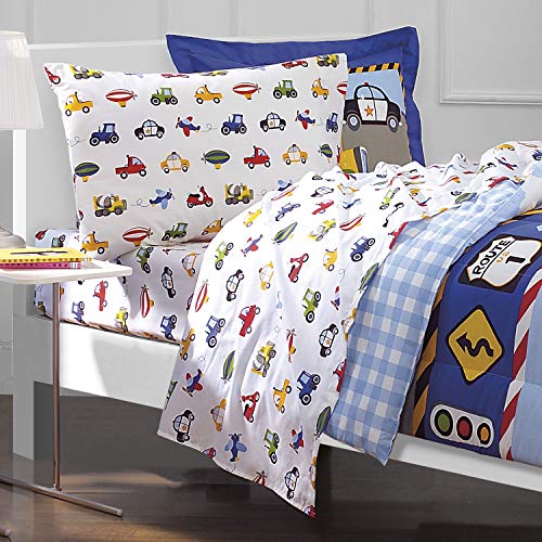 dream FACTORY Trucks Tractors Cars Boys 5-Piece Bedding Kids Construction Comforter Sheet Set, Twin Blue Red Multi - Image 5