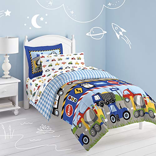 dream FACTORY Trucks Tractors Cars Boys 5-Piece Bedding Kids Construction Comforter Sheet Set, Twin Blue Red Multi - Image 2