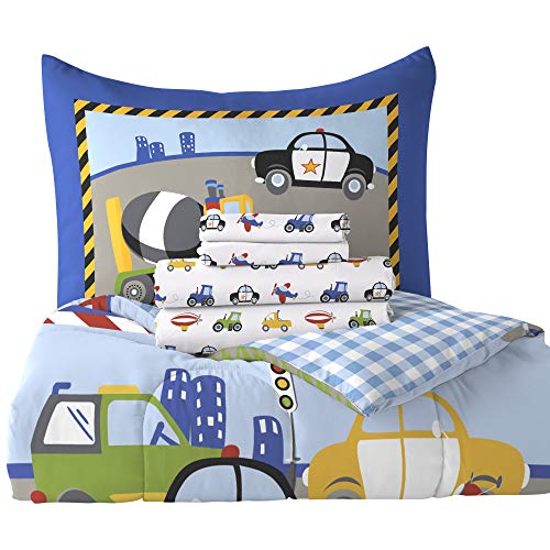 dream FACTORY Trucks Tractors Cars Boys 5-Piece Bedding Kids Construction Comforter Sheet Set, Twin Blue Red Multi - Image 4