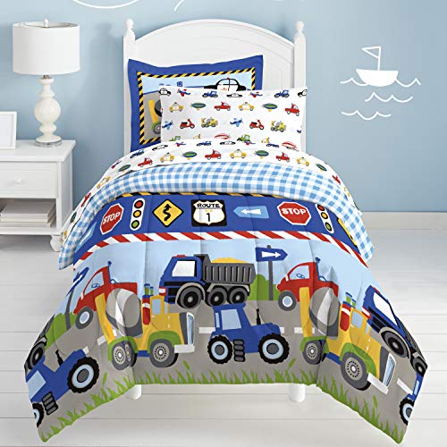 dream FACTORY Trucks Tractors Cars Boys 5-Piece Bedding Kids Construction Comforter Sheet Set, Twin Blue Red Multi - Image 3