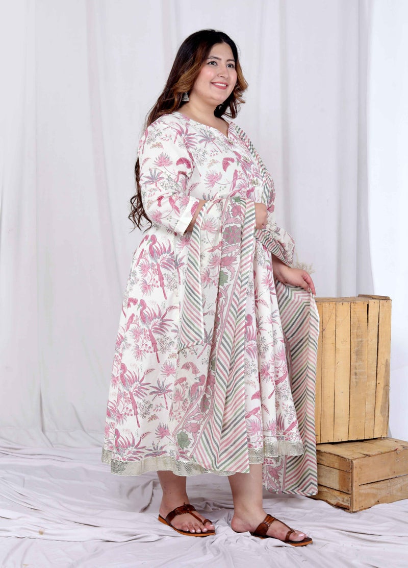 Miravan Womens Plus Size Light Pink Floral Printed and Anarkali Kurta with Dupatta - Image 2