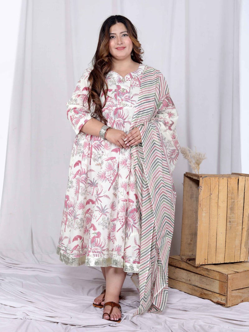 Miravan Womens Plus Size Light Pink Floral Printed and Anarkali Kurta with Dupatta - Image 3