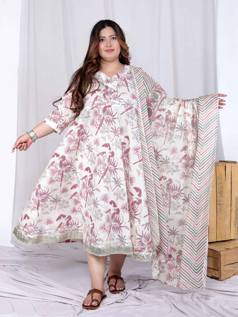 Miravan Womens Plus Size Light Pink Floral Printed and Anarkali Kurta with Dupatta - Image 1