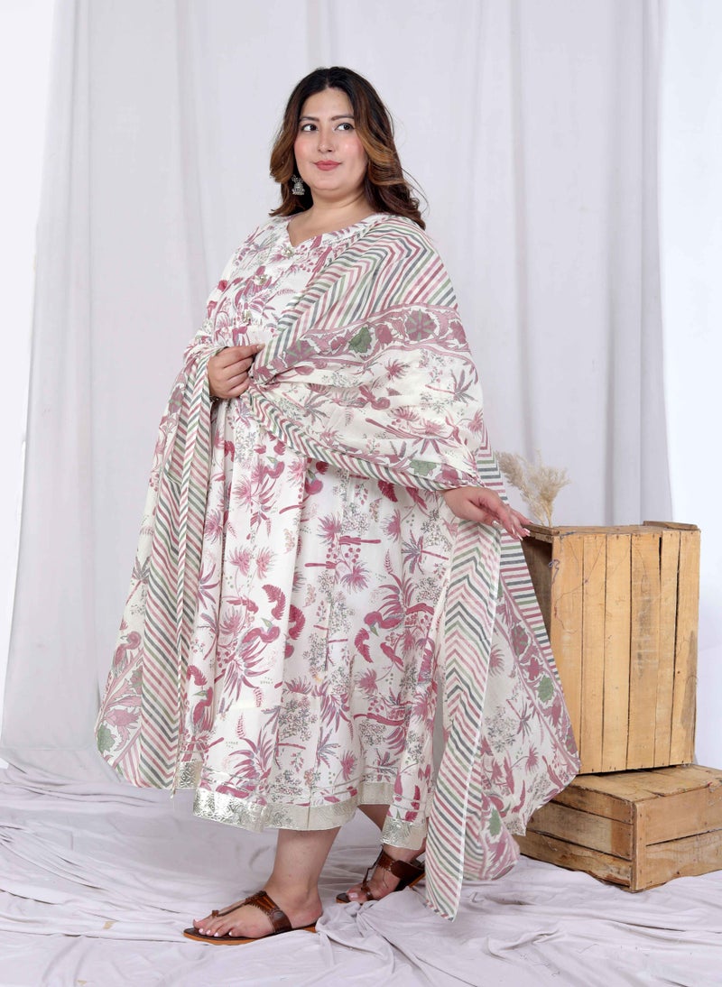Miravan Womens Plus Size Light Pink Floral Printed and Anarkali Kurta with Dupatta - Image 5
