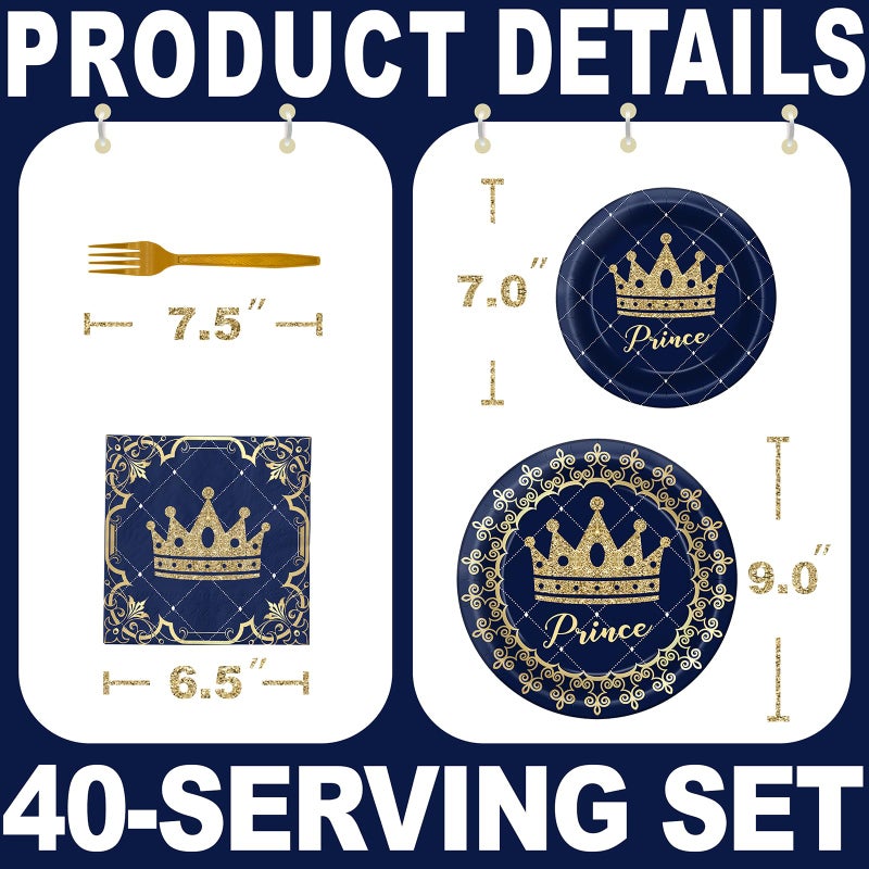 BonBeeDesign Prince Party Decorations - Prince Party Plates and Napkins for Kids Birthday Party, Serves 40 Guests - Image 2