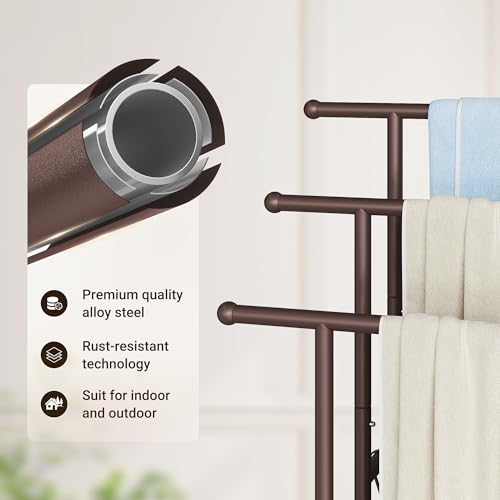 ELYKEN 3 Tier Standing Towel Rack, 40'' Tall Towel Drying Rack Outdoor, Freestanding Floor Towel Rack with Shelf, Pool Towel Blanket Stand, Metal Towel Racks for Bathroom freestanding, Bronze - Image 4