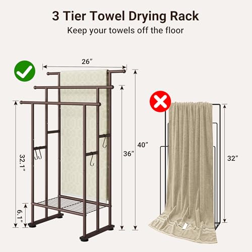 ELYKEN 3 Tier Standing Towel Rack, 40'' Tall Towel Drying Rack Outdoor, Freestanding Floor Towel Rack with Shelf, Pool Towel Blanket Stand, Metal Towel Racks for Bathroom freestanding, Bronze - Image 3