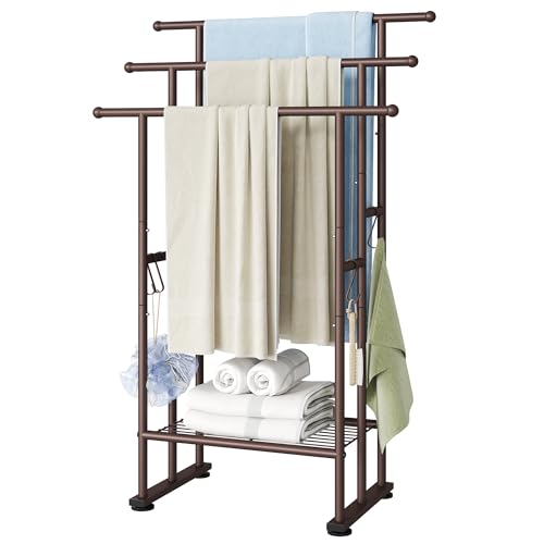 ELYKEN 3 Tier Standing Towel Rack, 40'' Tall Towel Drying Rack Outdoor, Freestanding Floor Towel Rack with Shelf, Pool Towel Blanket Stand, Metal Towel Racks for Bathroom freestanding, Bronze - Image 1