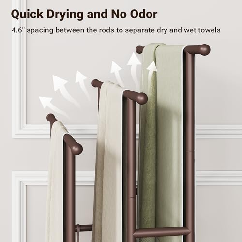ELYKEN 3 Tier Standing Towel Rack, 40'' Tall Towel Drying Rack Outdoor, Freestanding Floor Towel Rack with Shelf, Pool Towel Blanket Stand, Metal Towel Racks for Bathroom freestanding, Bronze - Image 5