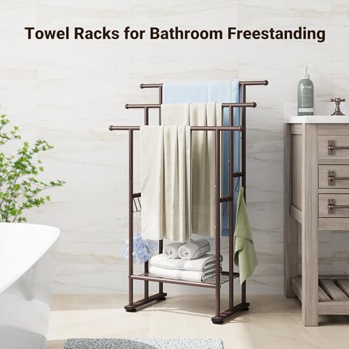 ELYKEN 3 Tier Standing Towel Rack, 40'' Tall Towel Drying Rack Outdoor, Freestanding Floor Towel Rack with Shelf, Pool Towel Blanket Stand, Metal Towel Racks for Bathroom freestanding, Bronze - Image 2