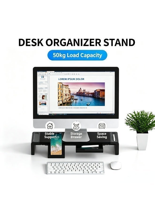 Olmaster Monitor Stand, Foldable Computer Monitor Bracket, Upright Computer Stand, Freely Adjustable Height, Desktop Riser With Storage Drawer, Holds Smartphones And Tablets, Black - Image 2