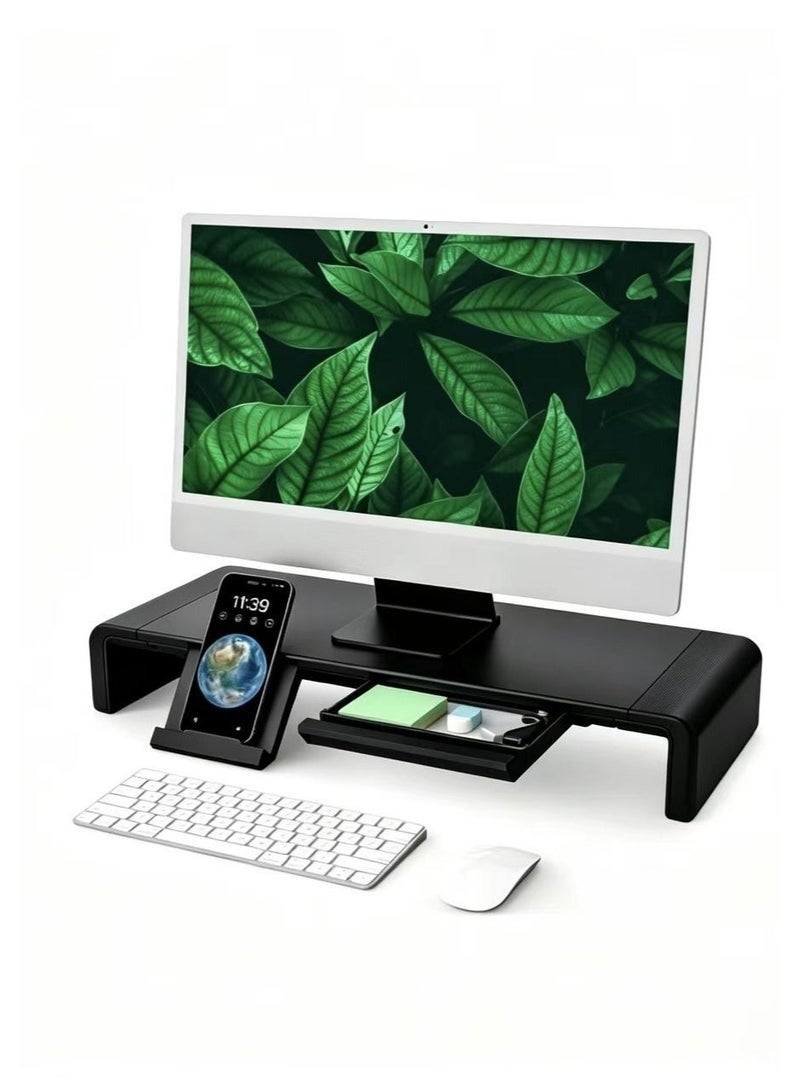 Olmaster Monitor Stand, Foldable Computer Monitor Bracket, Upright Computer Stand, Freely Adjustable Height, Desktop Riser With Storage Drawer, Holds Smartphones And Tablets, Black - Image 1